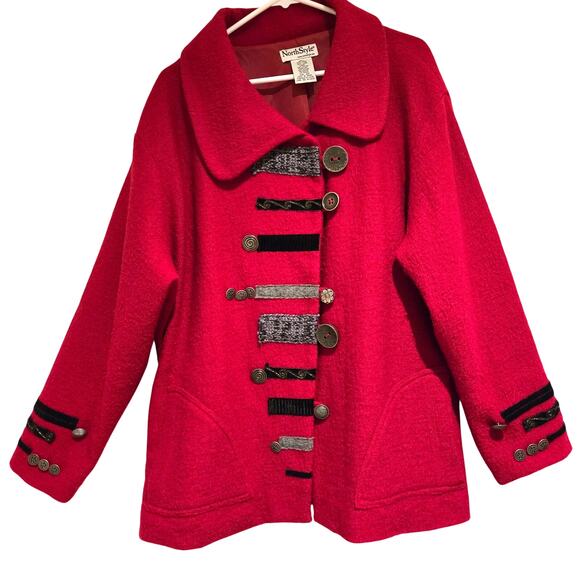NorthStyle Red Boiled Wool Button-Up Jacket with Artisan Button Detail, Size 2X - Picture 1 of 8